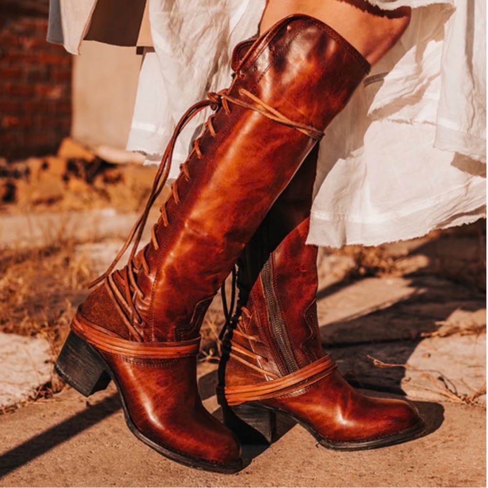 FREEBIRD by Steven Leather “COAL” Knee-High Lace-Up Boots mahogany Brown 10m